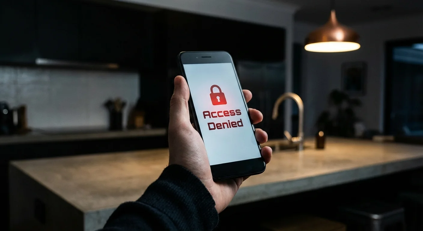 A hand holding a smartphone showing a red access denied lock icon.