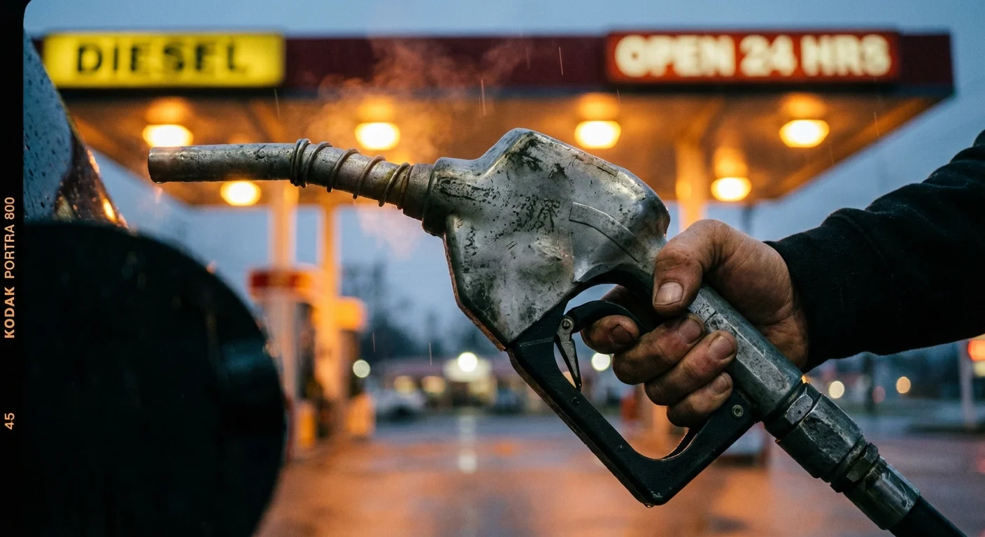 Close-up of a person refueling a car at a gas station at dusk with warm lighting.
