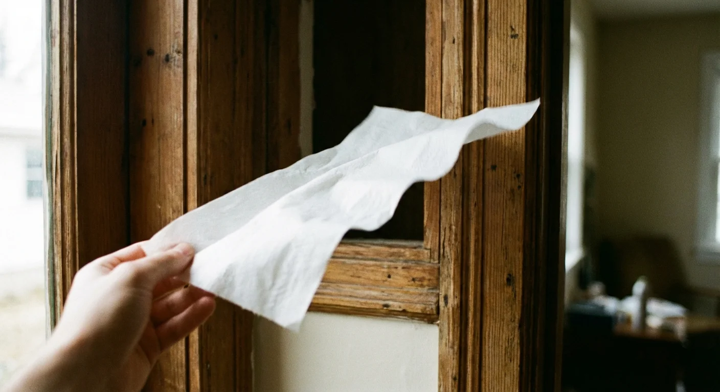 A person tests for air leaks using a piece of tissue paper near a door frame.