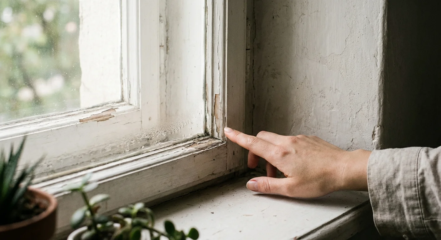 A hand checking a window frame for moisture or structural integrity.