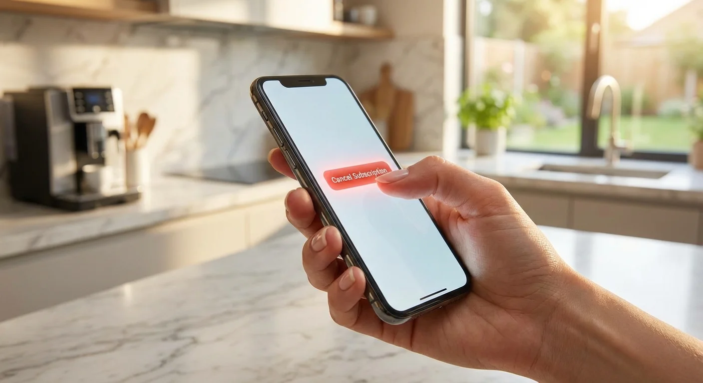 A hand clicking 'Cancel' on a streaming app on a smartphone.