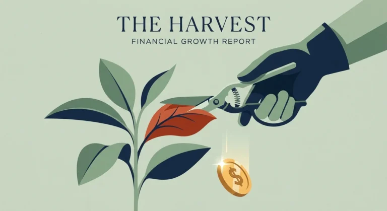 Illustration of a gloved hand pruning a plant leaf, releasing a falling gold dollar coin
