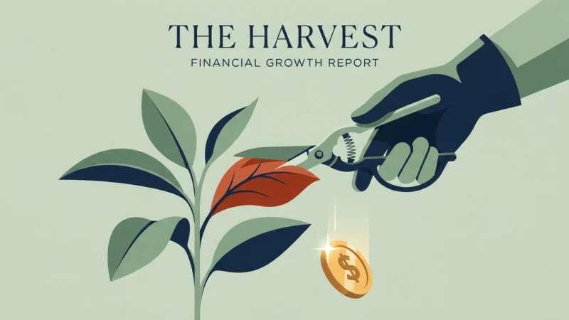 Illustration of a gloved hand pruning a plant leaf, releasing a falling gold dollar coin