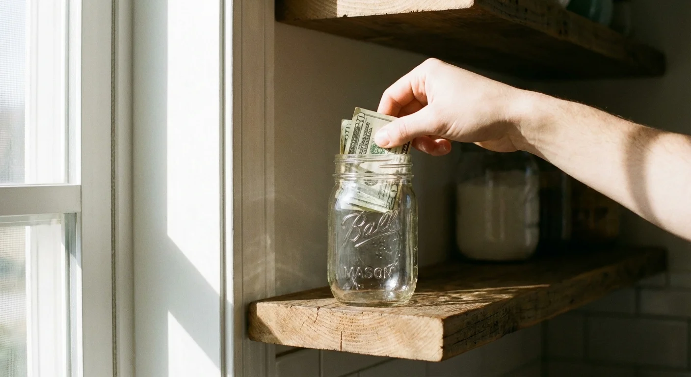 Hand placing cash into a glass savings jar on a wooden shelf.