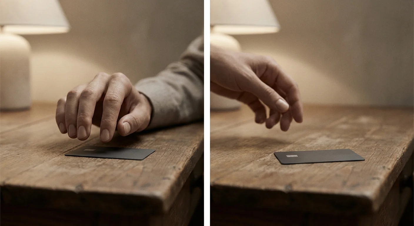 A hand pulling away from a credit card, representing impulse control and avoiding financial pitfalls.