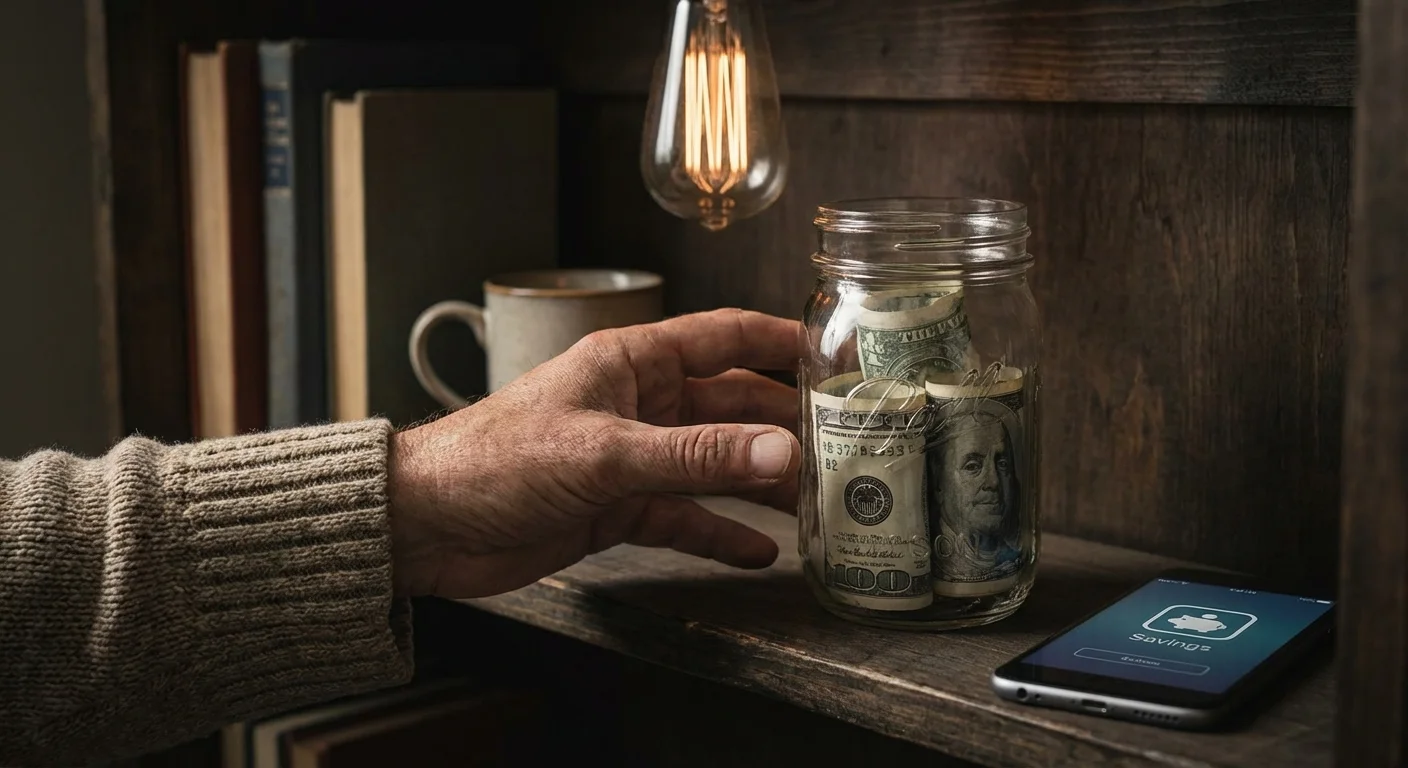 A hand reaching for a glass jar of cash, illustrating outdated and inefficient saving methods.