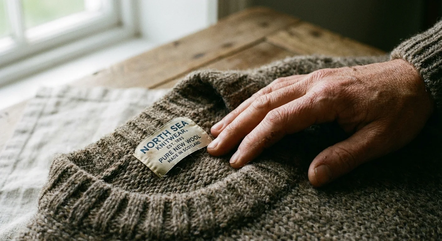 A close-up of a hand checking the fabric quality and label of a wool sweater.