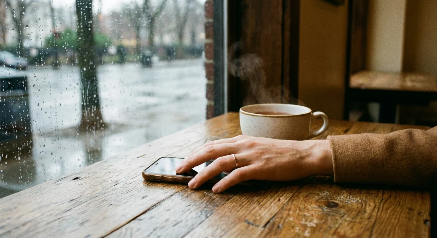 A hand placing a phone face-down next to tea, symbolizing the avoidance of market noise and panic.