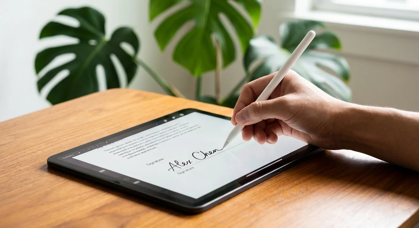 Close-up of a hand signing a digital agreement on a tablet.