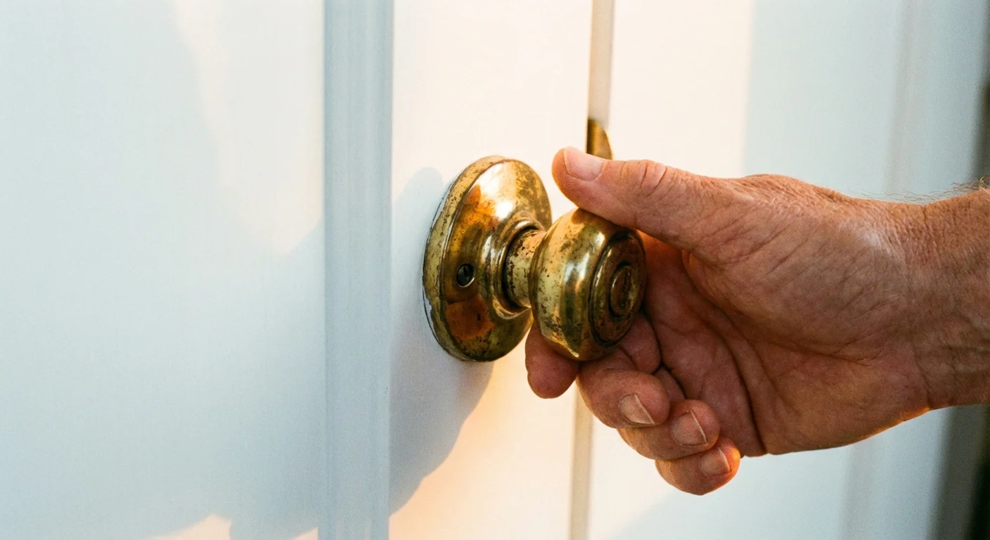 A hand turning a brass doorknob on a white door.