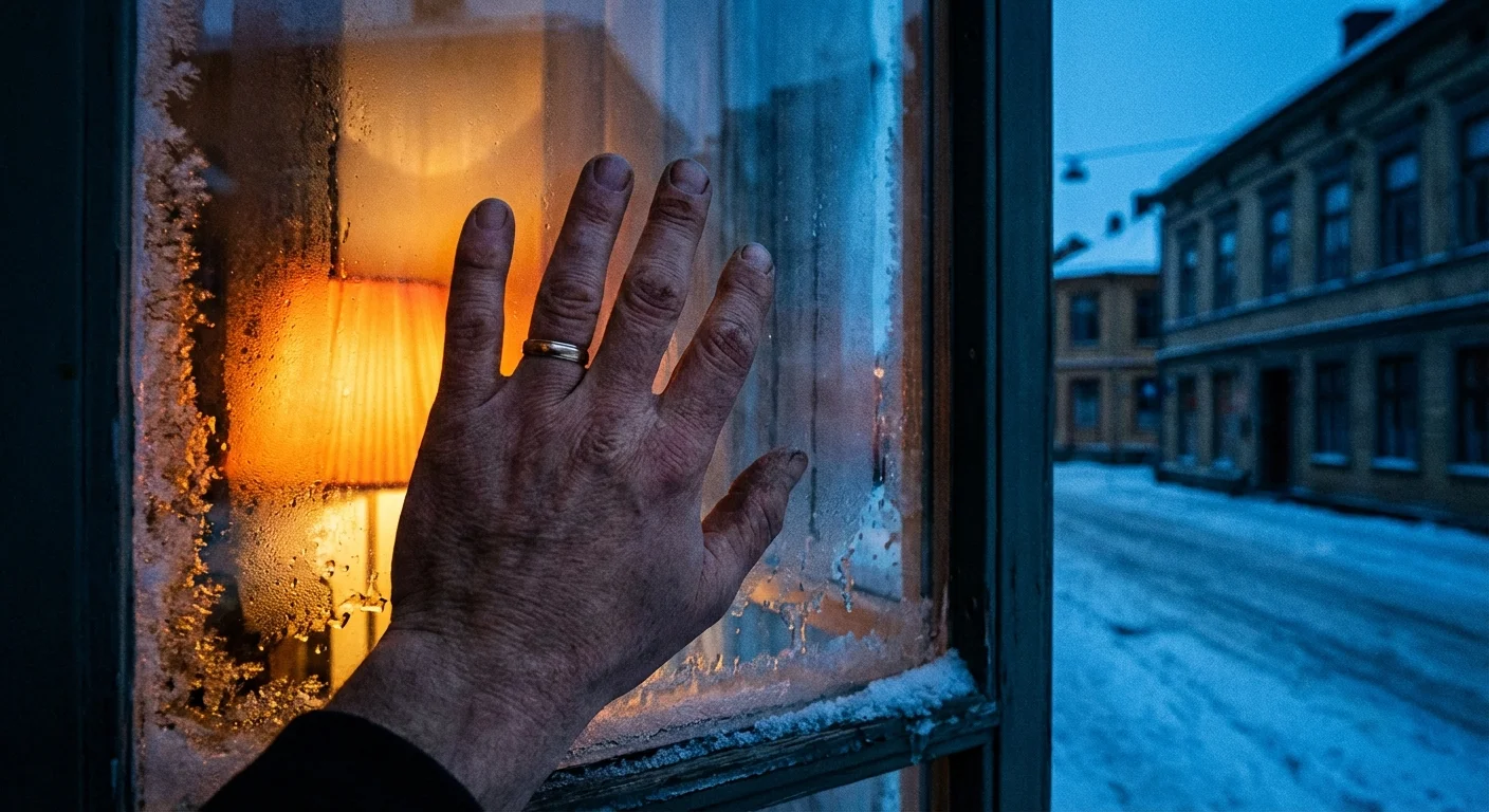 A close-up of a hand touching a cold, frosted window pane during winter.