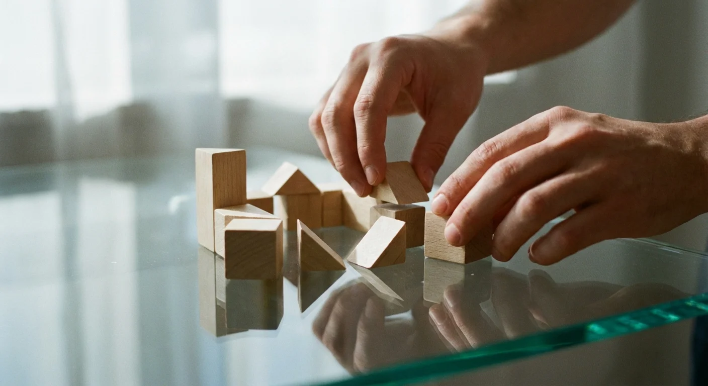 Close-up of hands arranging small wooden blocks on a glass surface.
