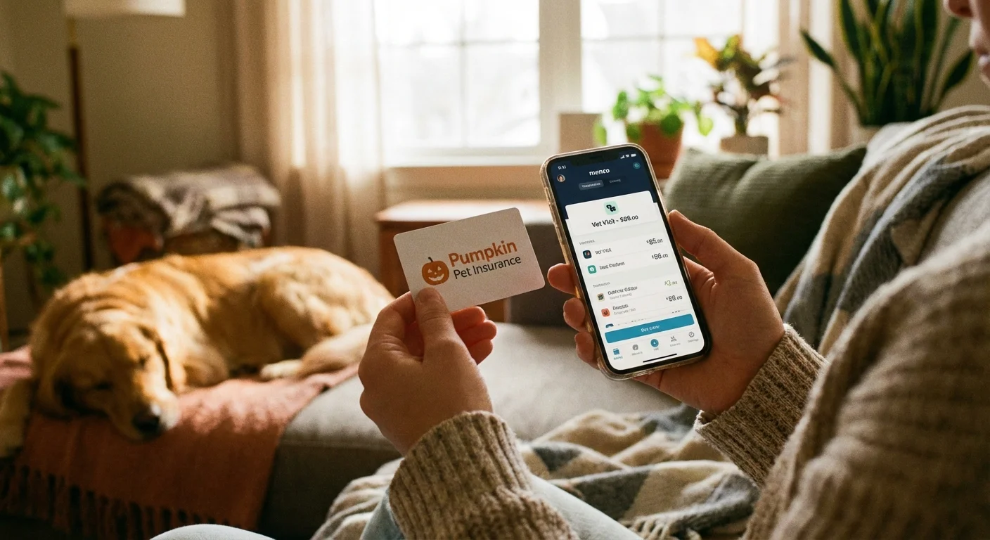 Hands comparing a pet insurance card with a digital savings account.