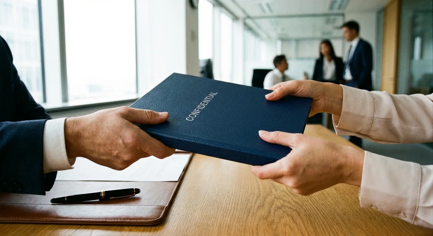 A formal document folder being handed over a desk, signifying mortgage pre-approval.