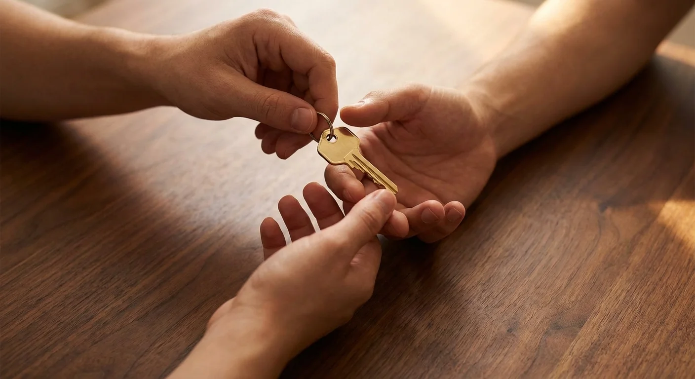 Hands exchanging a house key over a wooden table.