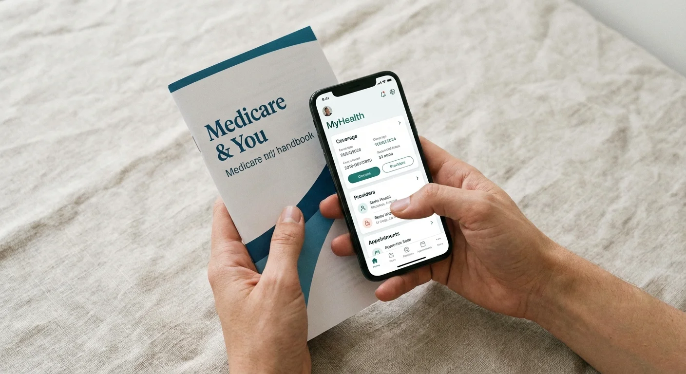 Hands holding a Medicare handbook and a smartphone, symbolizing preparation for open enrollment.