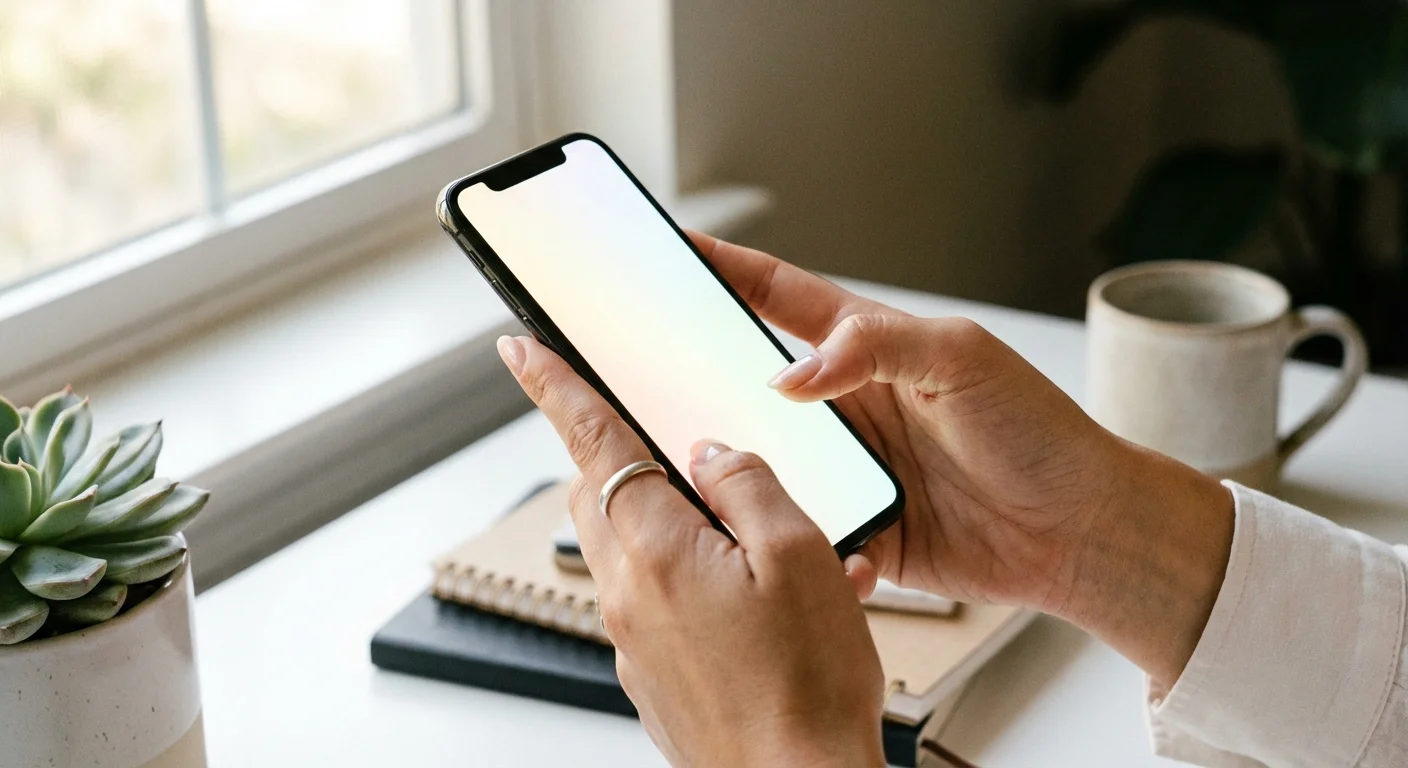 Hands holding a smartphone in a bright office setting.