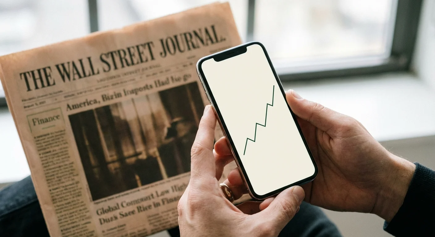 Hands holding a smartphone with a stock chart over a blurred traditional newspaper.