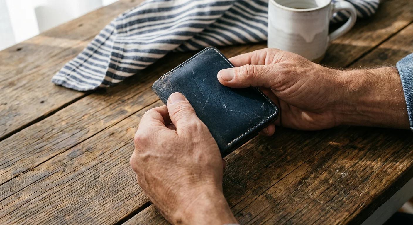 Close-up of hands holding a closed wallet on a wooden table, symbolizing the pause on spending.