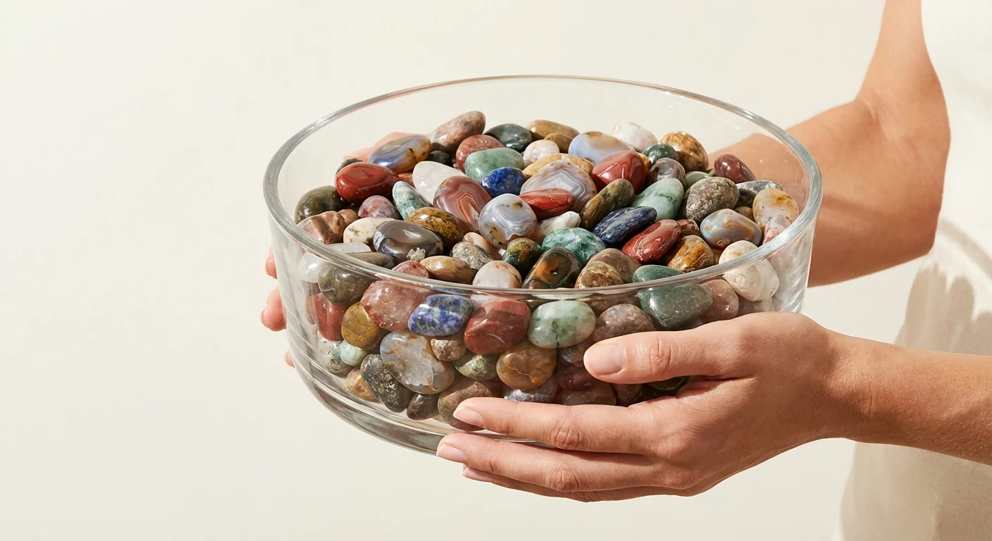 Hands holding a glass bowl of diverse stones, representing the broad collection of stocks in an index fund.
