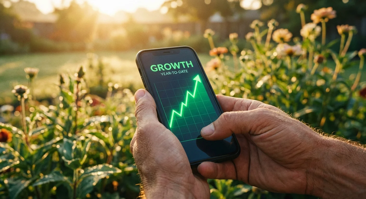 Close-up of a smartphone showing a rising financial growth chart against a lush garden background.