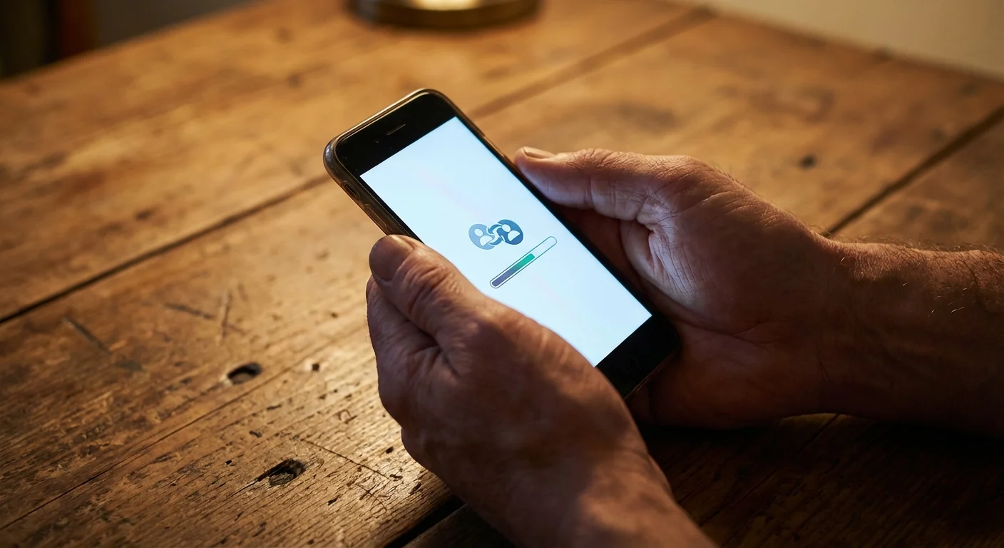Close-up of hands using a smartphone for a digital bank transfer on a wooden table.