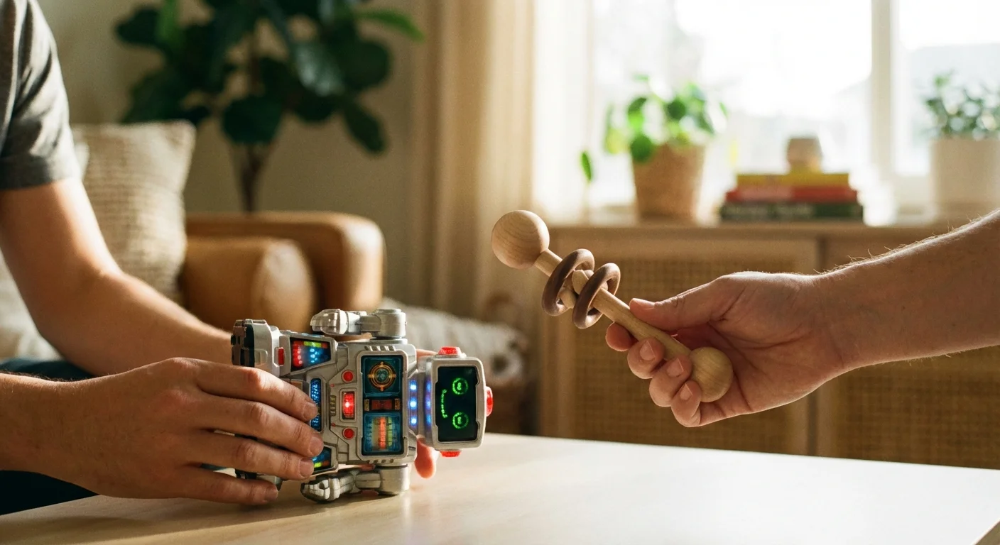 Close-up of hands choosing a simple wooden toy over a complex plastic one.