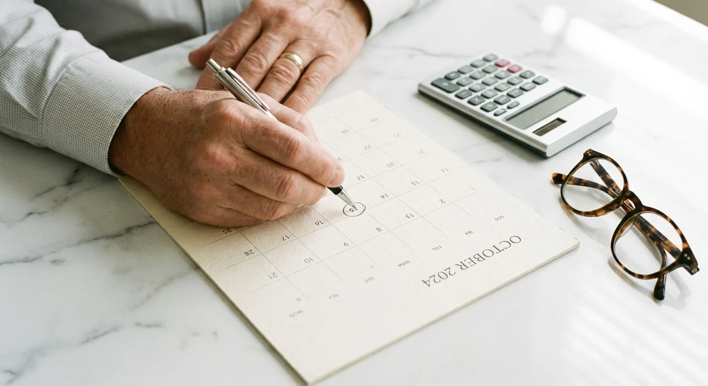 Hands marking a calendar next to a calculator, symbolizing the start of new 2025 Medicare benefits.