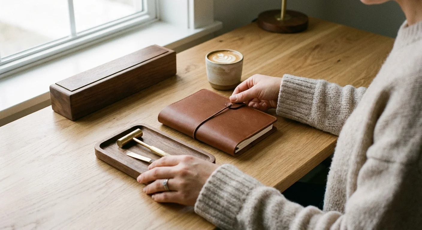 Hands organizing a planner and desk accessories.