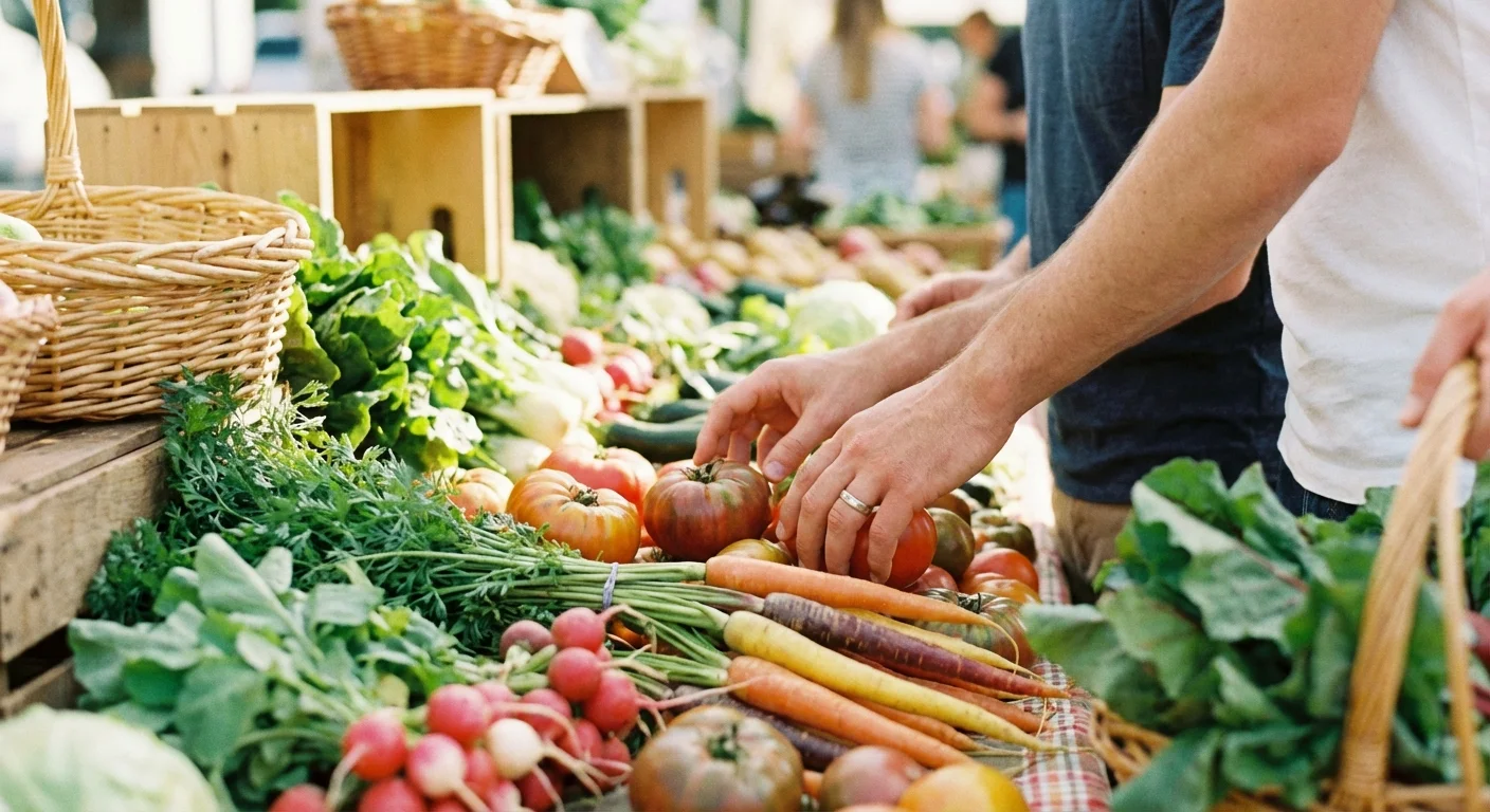 Hands picking out fresh produce at a farmers market, representing purchasing power.