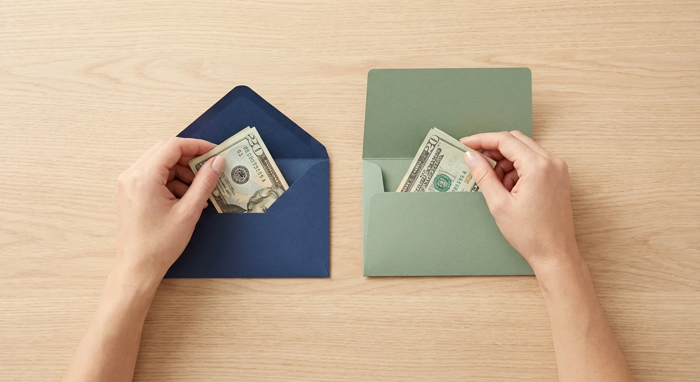 Hands splitting money between a blue envelope and a green folder.