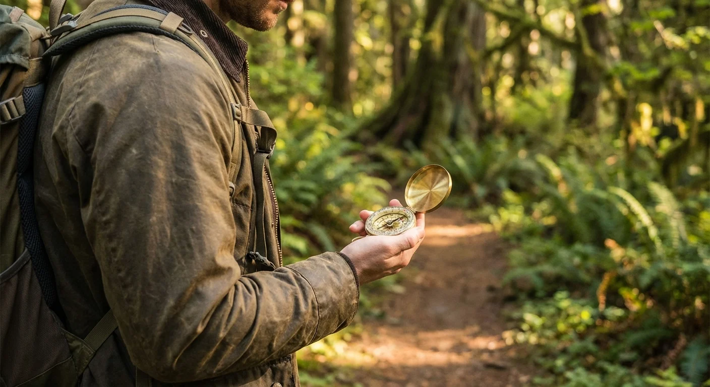 Hands pointing at a blueprint on a wooden desk, symbolizing strategic planning.