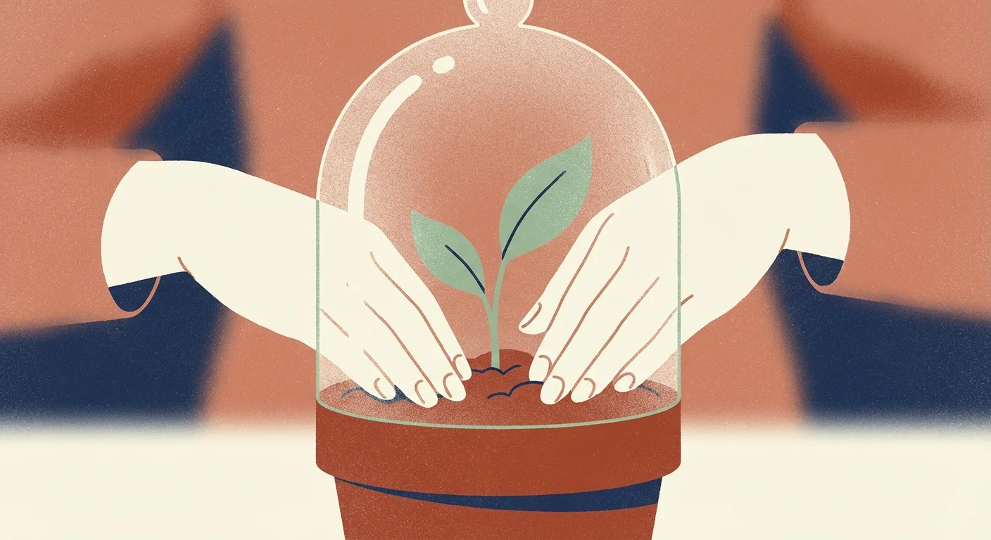 Hands protecting a small plant inside a glass dome, symbolizing portfolio discipline.