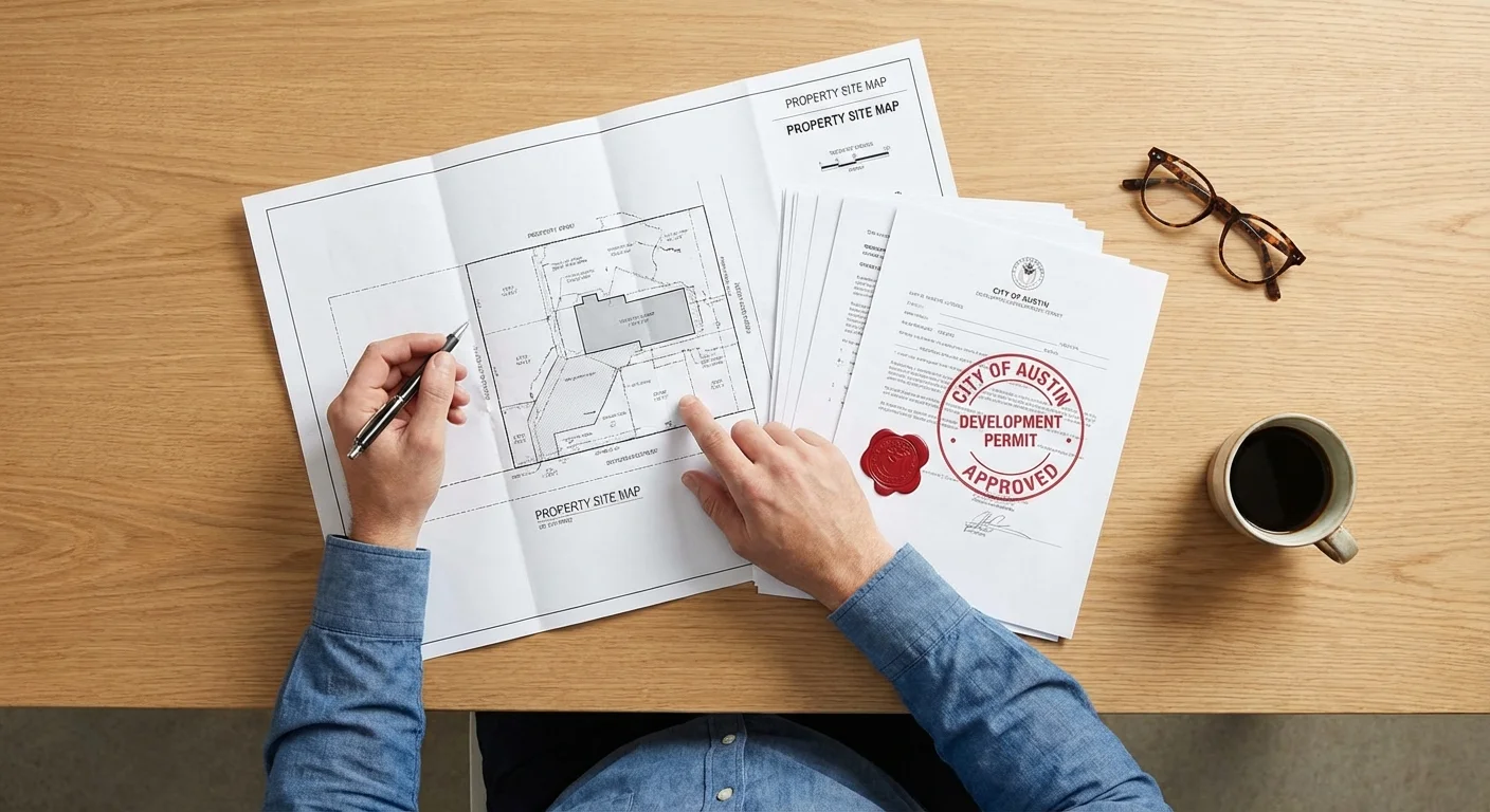 Hands reviewing zoning permits and property maps on a desk.