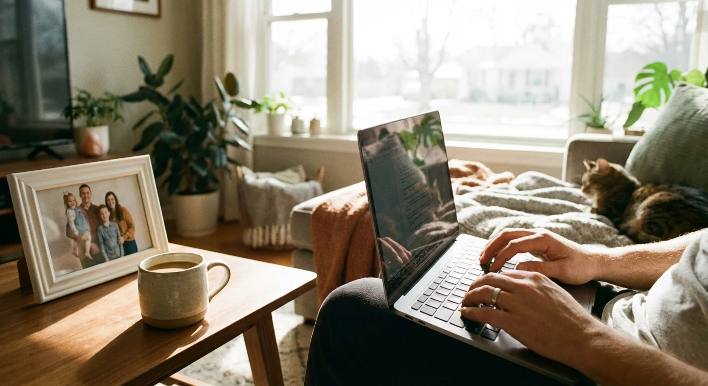 Hands typing on a laptop in a cozy home setting, illustrating the ease of opening an account.