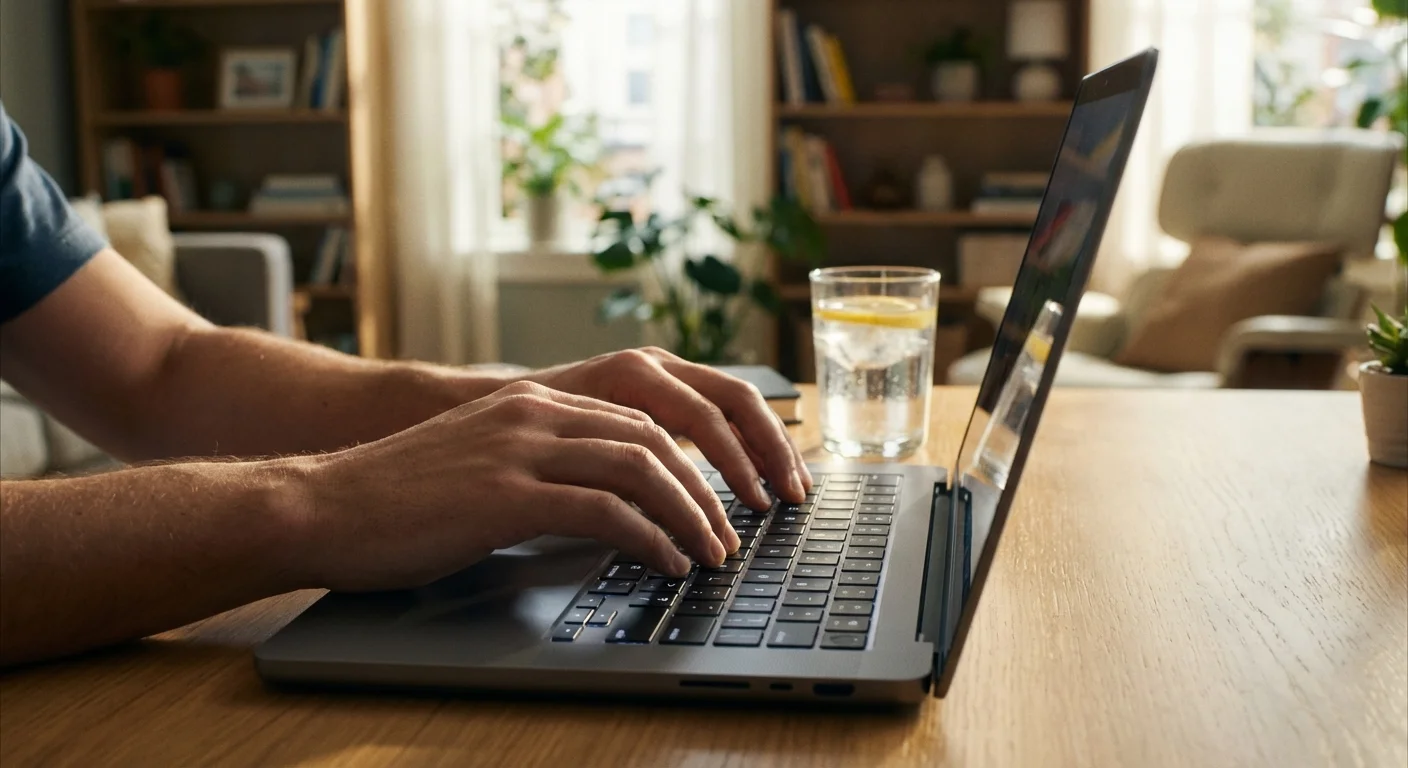 Close-up of hands typing on a laptop in a bright, modern home setting.