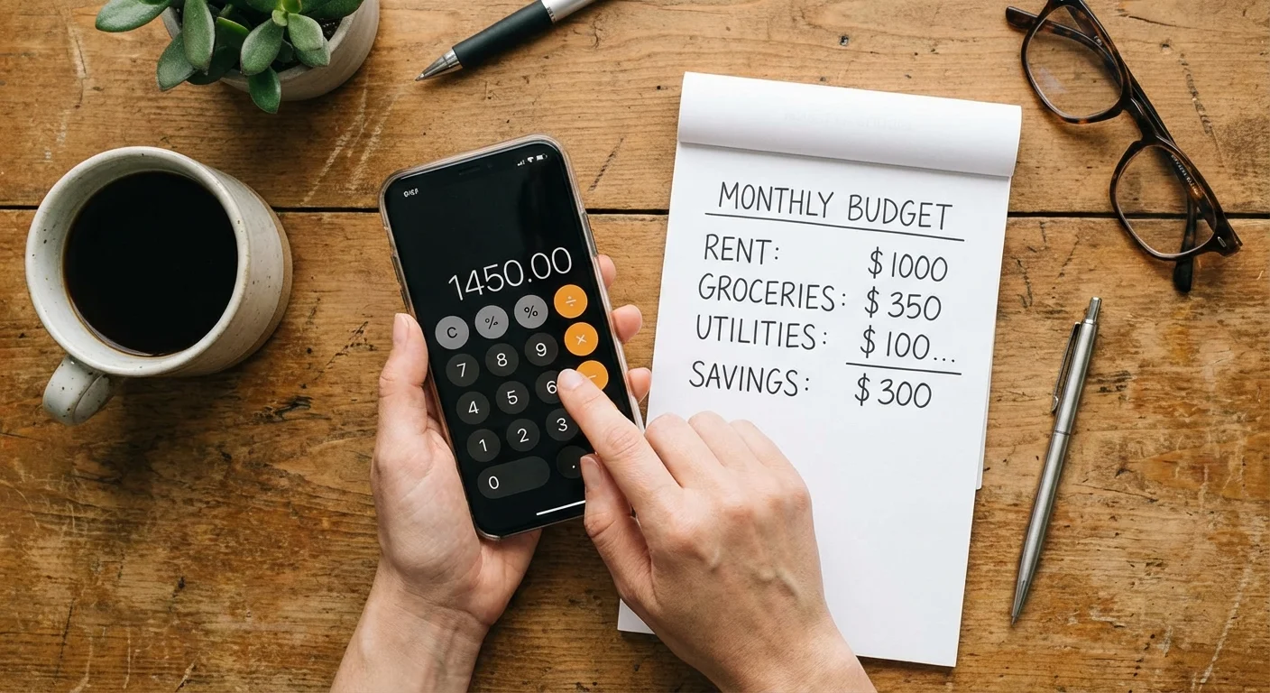Hands using a calculator and notepad to plan a monthly budget.
