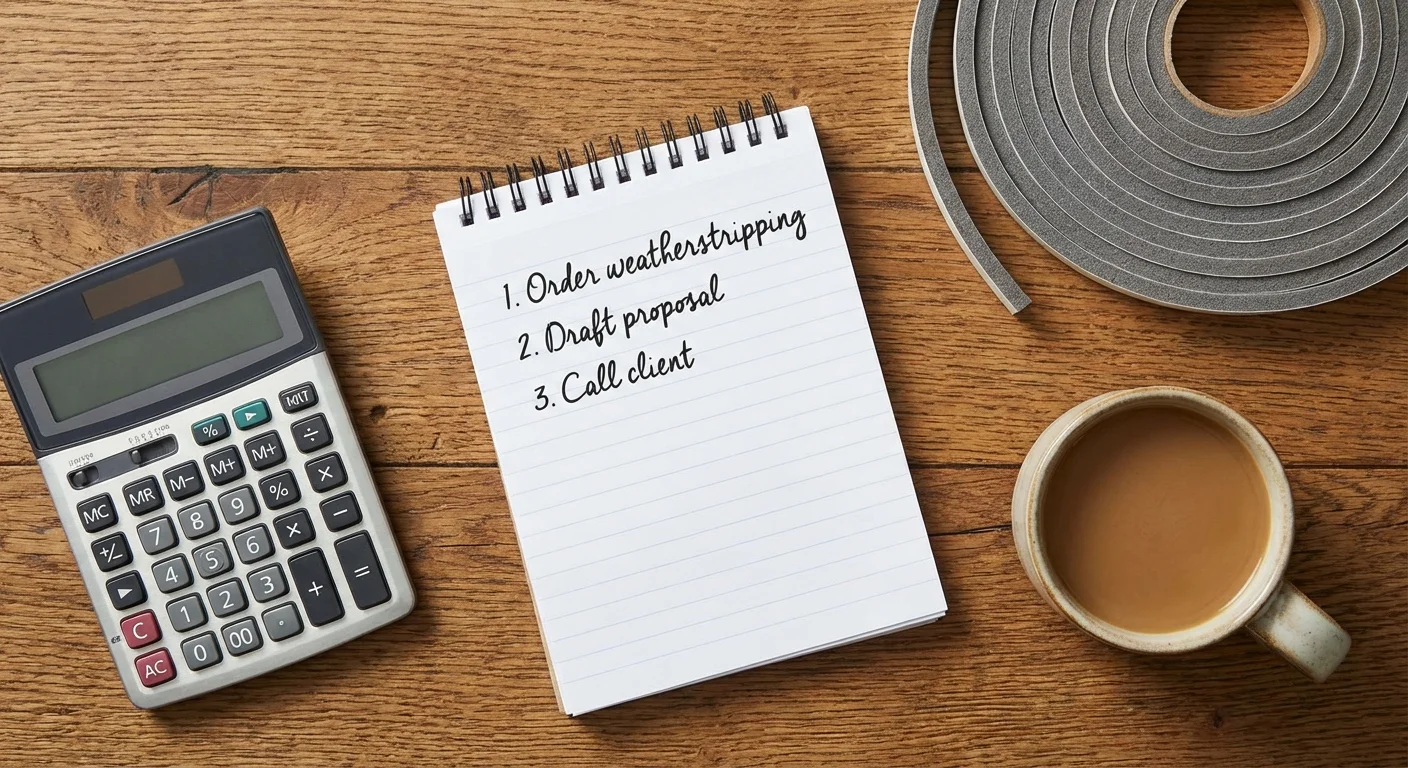 A flat lay of energy-saving tools including weatherstripping, a calculator, and a checklist.