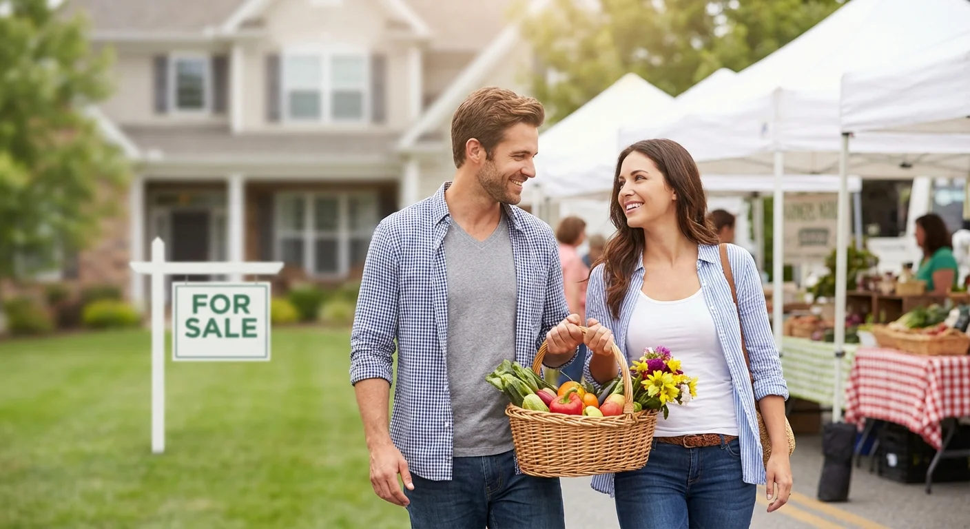 A couple shopping at a farmers market with a suburban house in the background.