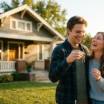 Happy couple laughing and holding keys in front of new home with sold sign