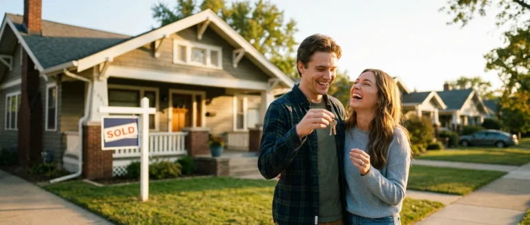 Happy couple laughing and holding keys in front of new home with sold sign