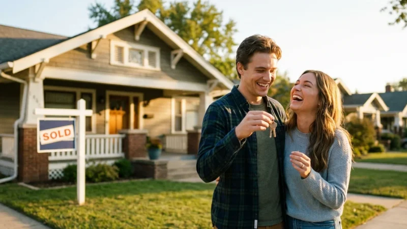 Happy couple laughing and holding keys in front of new home with sold sign