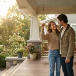 Smiling young couple holding keys while standing on the porch of a new home