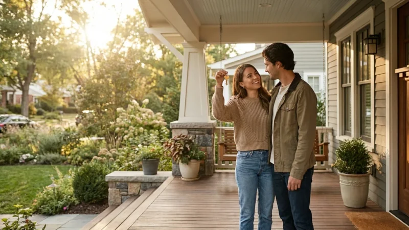 Smiling young couple holding keys while standing on the porch of a new home