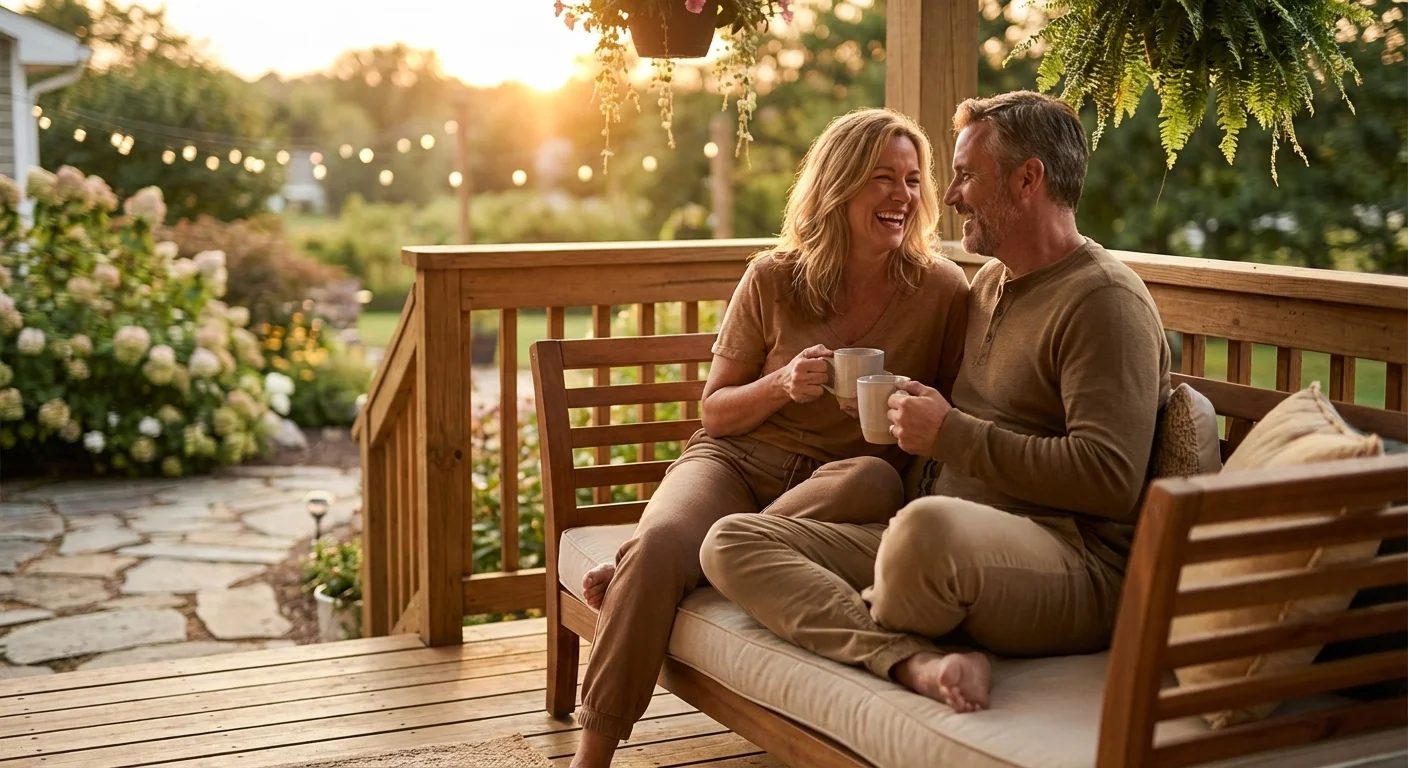 A relaxed couple enjoys a quiet evening on their porch, symbolizing the peace of mind that comes from financial security.