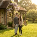 A happy couple laughing together on a green lawn outside a rustic stone cottage.