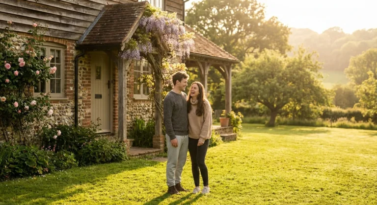 A happy couple laughing together on a green lawn outside a rustic stone cottage.