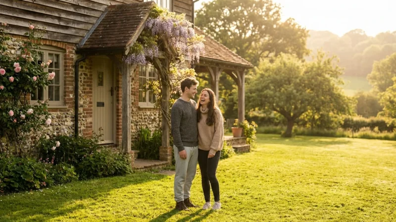 A happy couple laughing together on a green lawn outside a rustic stone cottage.