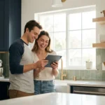 A happy young couple laughs while looking at a digital tablet in a modern kitchen.