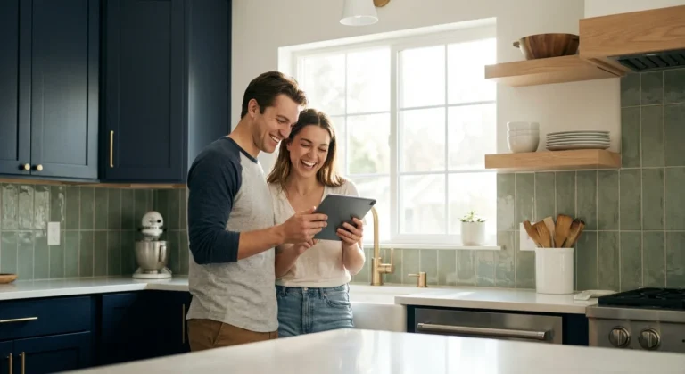 A happy young couple laughs while looking at a digital tablet in a modern kitchen.